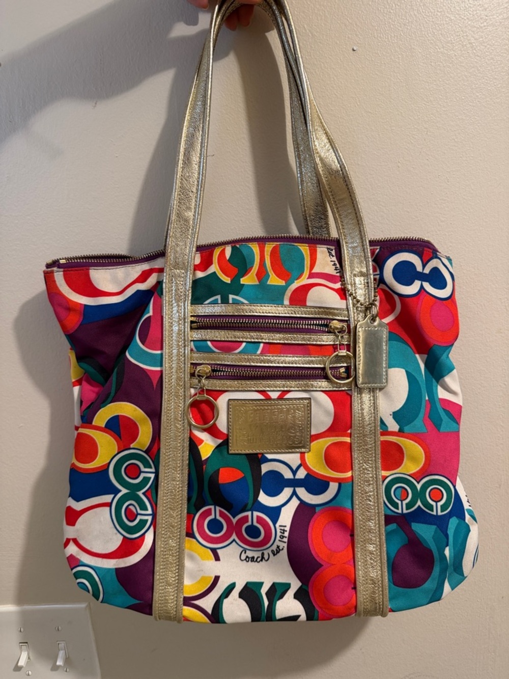 Coach Multicolor Circle Print Tote with Gold Straps